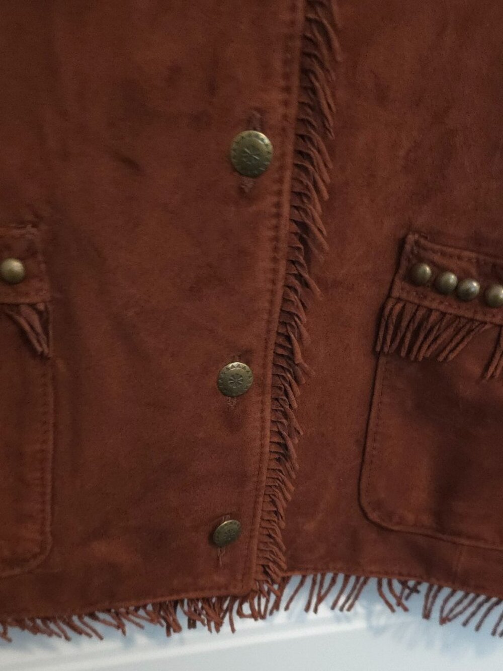 Double D Ranch Burgandy Brown Fringe Suede Leather Jacket - Woman's Size L - Picture 4 of 12